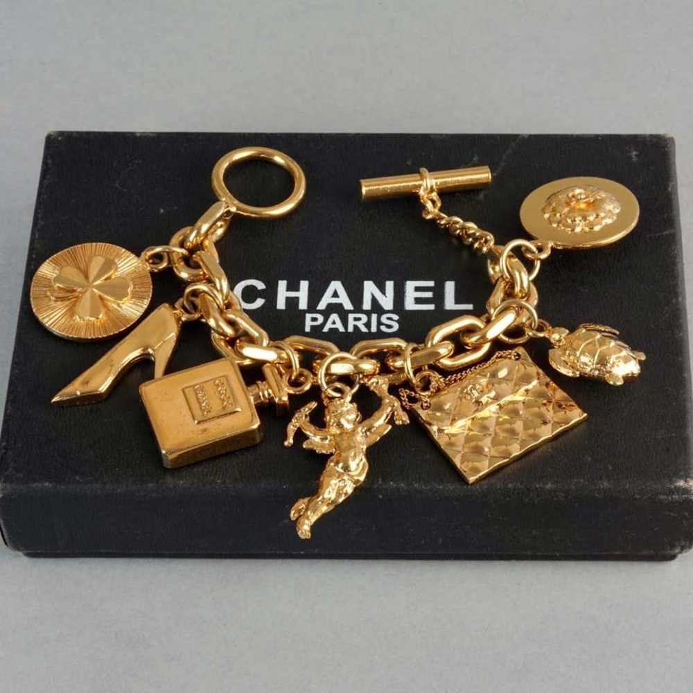 "Lucky Charms" House of CHANEL Gold Charm Bracelet: Bag, Shoe, Camelia ++